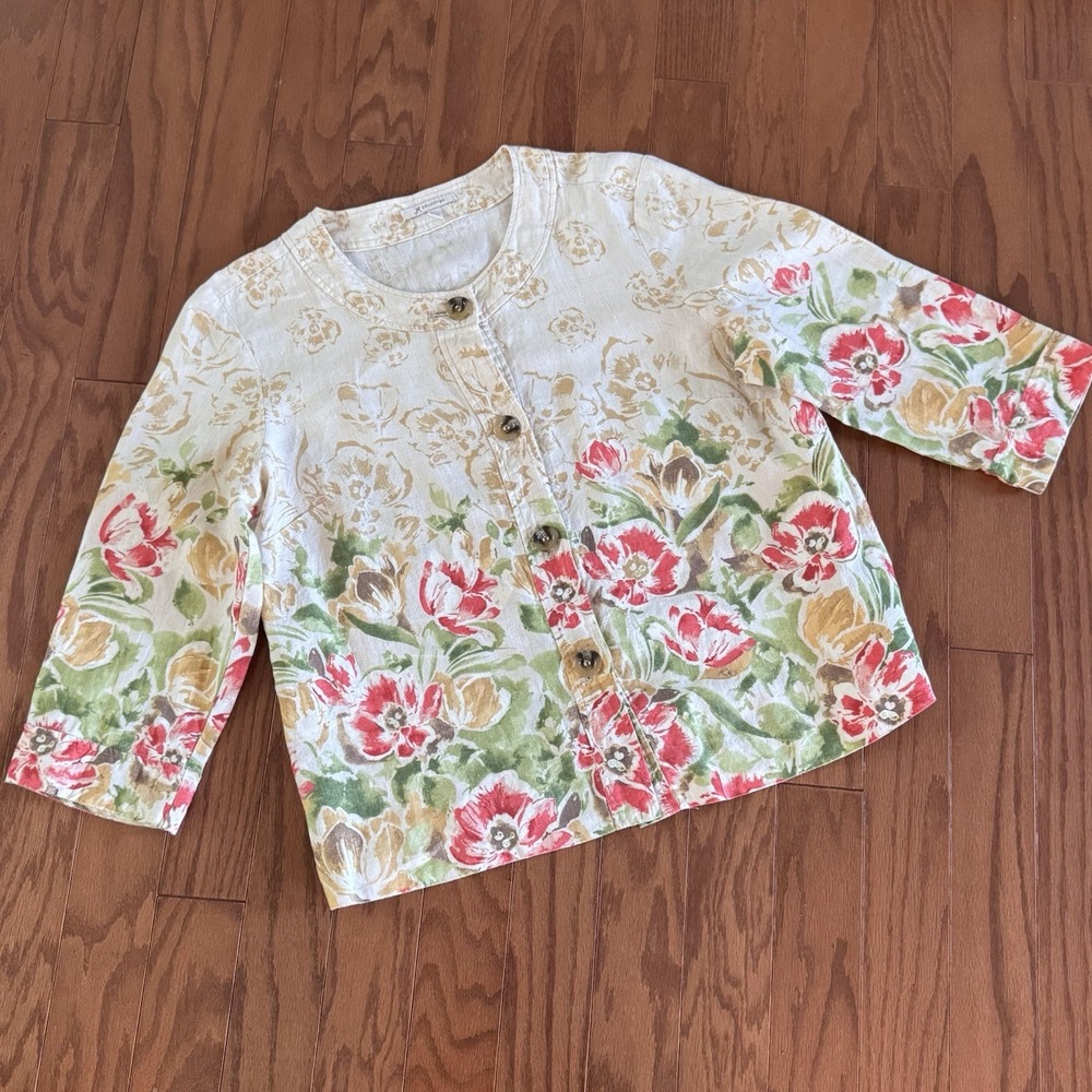 💙JM Collection 100% Linen Women's Size 16 Beige‎ Floral Cardigan Jacket Cruise